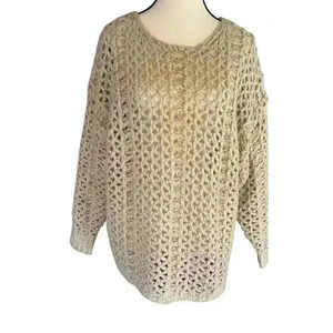 Ces Femme Sweater Cream And Gold Open Weave Knit Women’s Size M Holiday Cozy